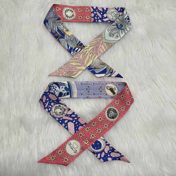 Hermes Accessories - HERMES La Danse des Amazones Twilly Silk Twill Scarf Pink Blue Coral Owl